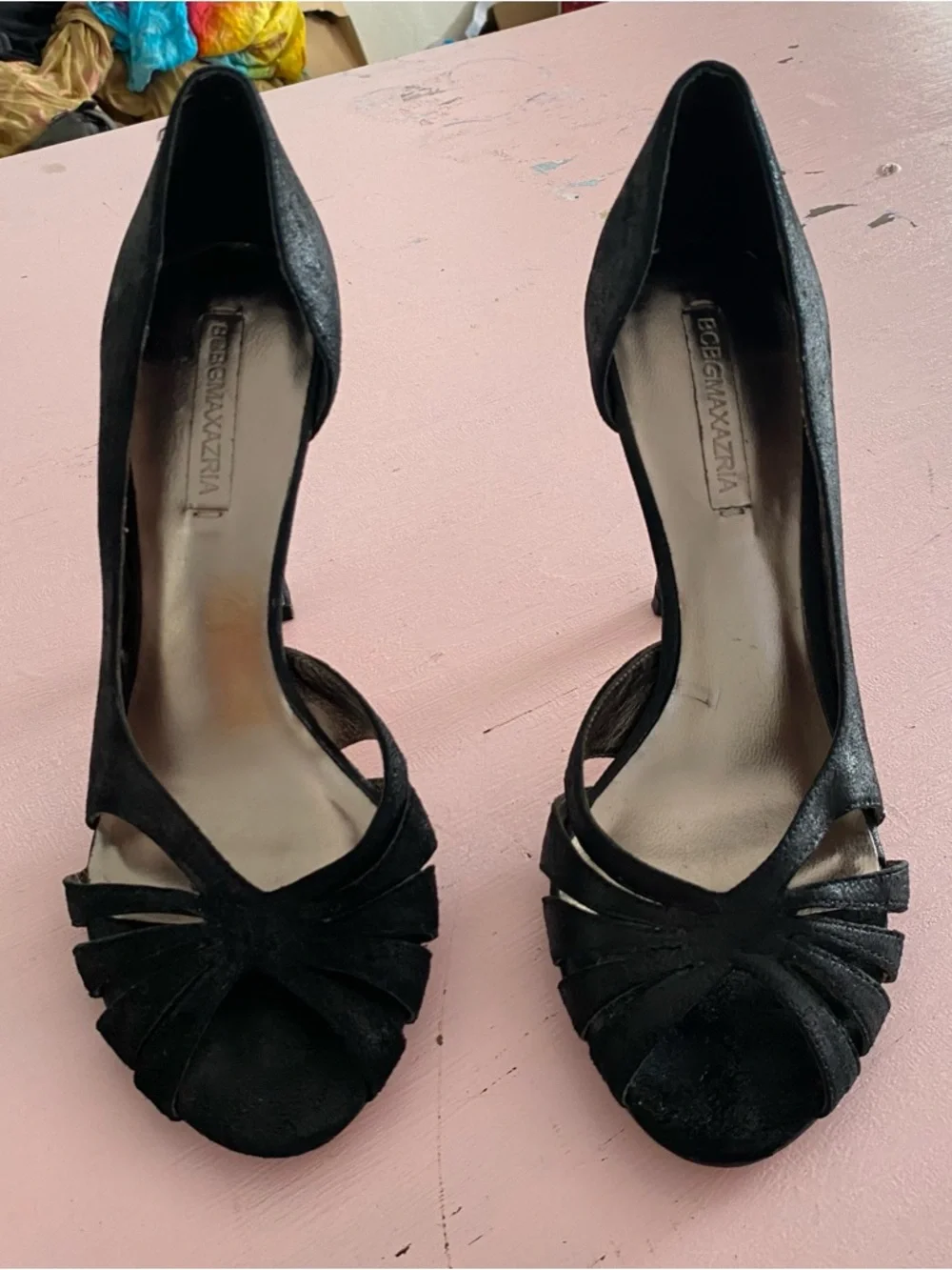 BCBGMAXAZRIA Leather Black Strappy Heeled Heels 38 7.5 D'Orsay peep-toe style